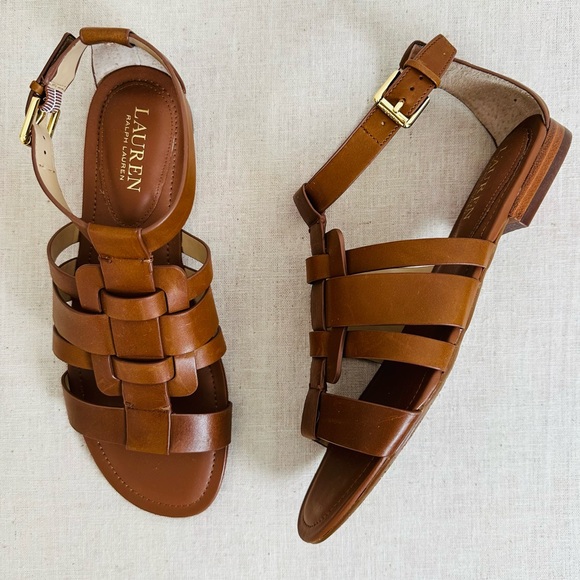 New Ralph Lauren Elianna brown calfskin leather ankle strap woven sandals - Picture 6 of 9